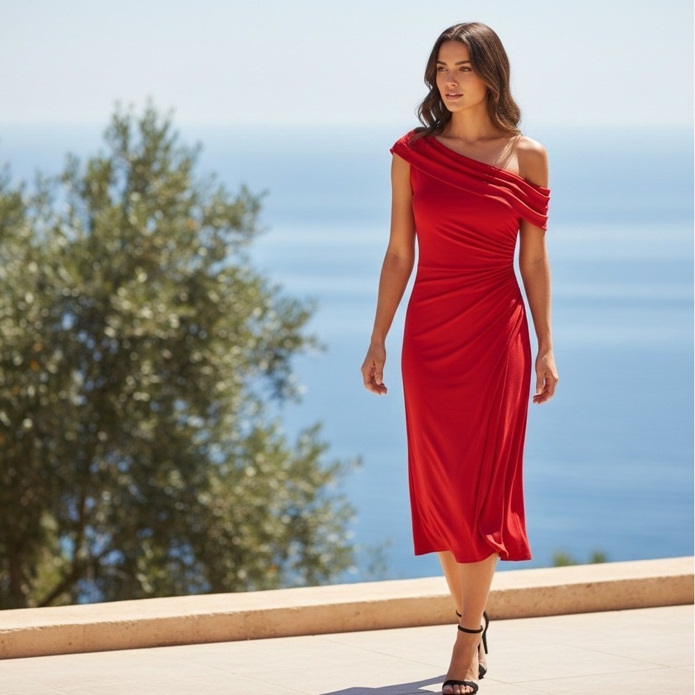 Ieena for Mac Duggal Red One Shoulder Ruched Midi Cocktail Dress Size 4